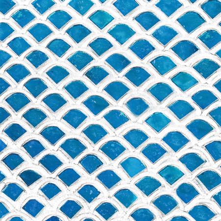 The walls are decorated with blue glass mosaic texture background