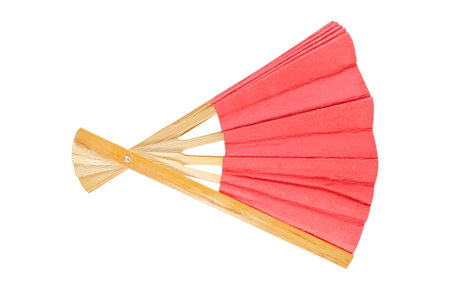 Bamboo fan or red  oriental fan isolated on white Background with clipping path included.の写真素材