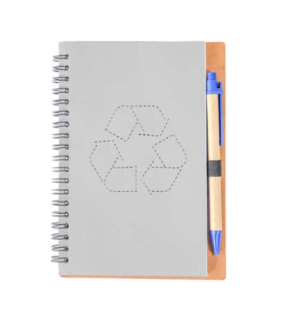 Gray Notebook with recycle symbol on cover and blue pen isolated on white clipping path included.の写真素材