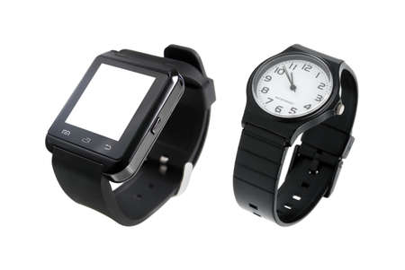 Black smartwatch and  wristwatch two styles isolated on white