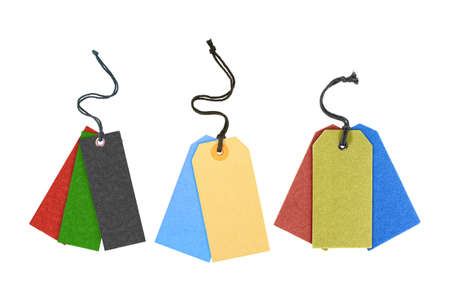 close up of colorful blank tag price label isolated on white backgroundの写真素材