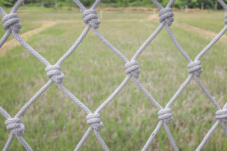 Rope netting and  knots on field blurred natural background.