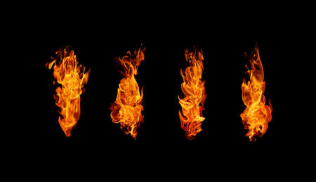 Fire flames collection isolated on black backgroundの写真素材
