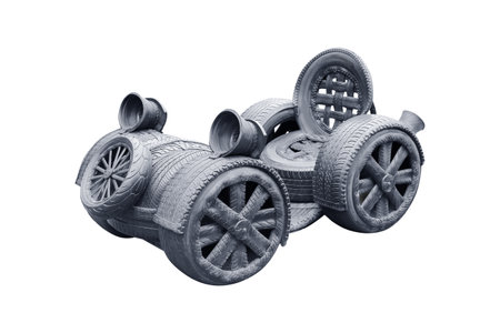 Car made of various tires isolated on white background