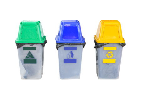 Bin Yellow, green, blue for recycle plastic, paper ,glass ,can and wet waste trash isolated on white background. Container for disposal garbage waste and save environment  isolated on white  background with clipping path include for design usage purpose.の写真素材