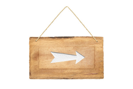 empty wooden sign with arrow symbol ,direction and lope for hang on white backgroundの写真素材