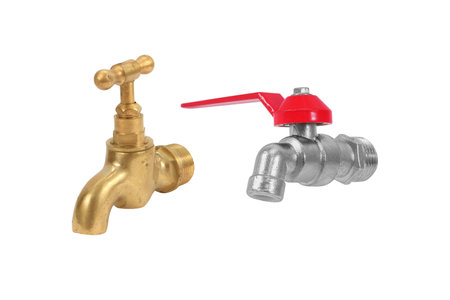 water-supply brass with alloy faucet two style or water valve, isolated on white background with clipping path include for design usage purpose.の写真素材