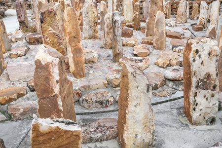 stone rocks stacked pile in a garden beautiful decorative texture backgroundの写真素材