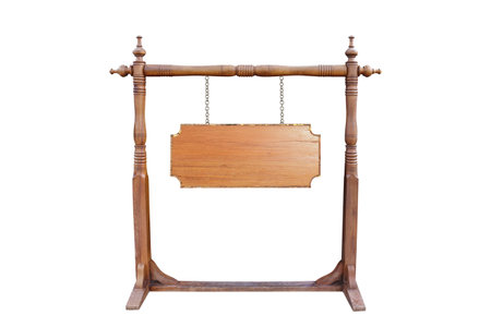 standing old wooden sign, empty,  isolated on white backgroundの写真素材