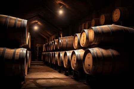 Oak barrels in a winery or cellar Vintage Barrels and Casks in Old Cellar,Winery's Perfect Storage , Delicious Wine. Generative AIの素材