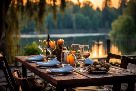 glasses of red wine on a wooden table in a cozy restaurant setting by the riverの素材