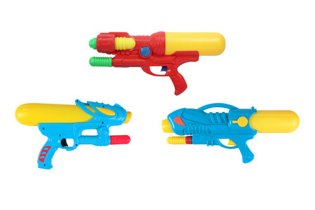 Plastic water gun toy two style isolated on white background with clipping path include for design usage purpose.の写真素材