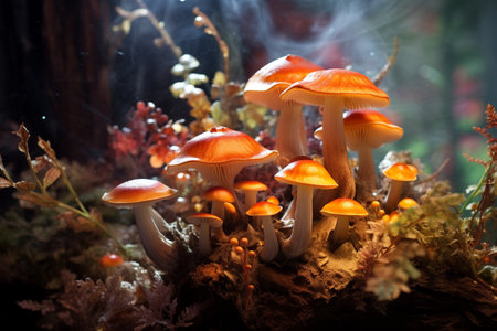 Beautiful bunch mushrooms color light in the nature  background texture. Macro Photography View, Generative AIの素材