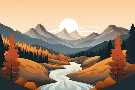 Nature Inspired landscape, Art, Minimalist,A beautiful  with beautiful mountains and trees,  autumn mountain wallpaper, illustration, A minimalistic landscape with only mountains and  treesの素材