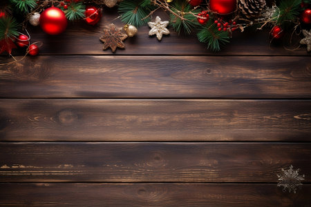 Beautiful Christmas decoration on a wooden texture background AI  AI generated.の素材