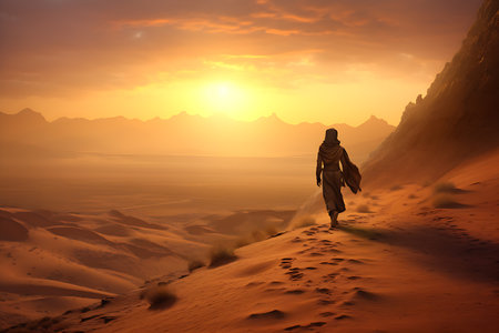 Arabian man walk in the desert sand and dunes at sunset ai generated art Generative AIの素材