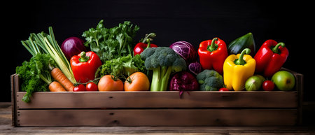 a wooden crate filled with assorted fruits and vegetables Generated with AI.の素材