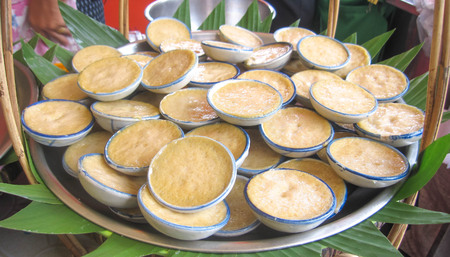 Dessert cups, coconut milk custard in small porcelain cup, Thai dessert, Thai sweetmeat.