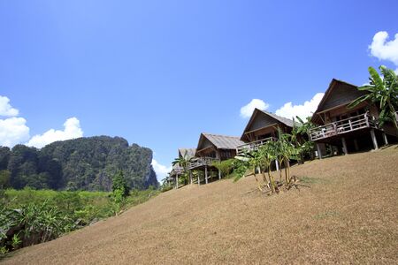 Cottage style resort in bright blue sky at southern Thailand mountainのeditorial素材