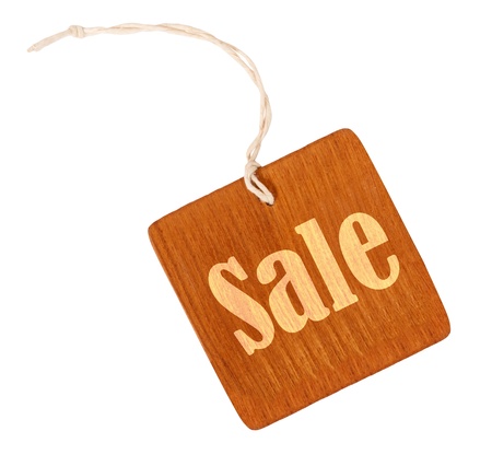 sale sign wooden tag isolated on white background の写真素材