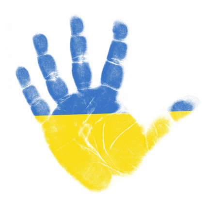 Ukraine flag palm print isolated on white backgroundの写真素材