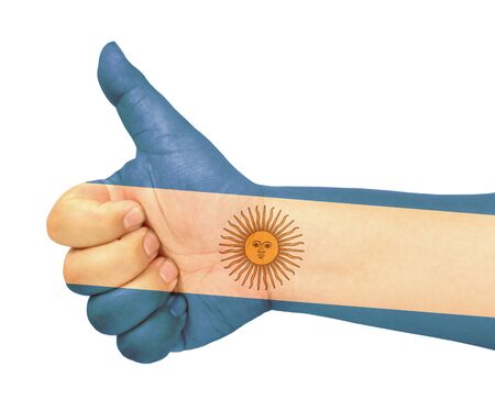 Argentina flag on thumb up gesture like iconの写真素材
