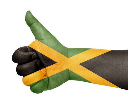 Jamaica flag on thumb up gesture like iconの写真素材