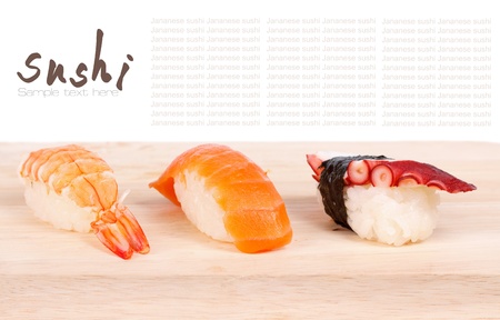 Japanese sushi on wooden plate の写真素材