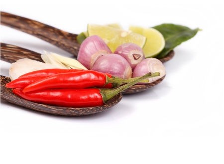 Spicy Thai food ingredients chili, lime,ginger,red onion,lemongrass isolated の写真素材