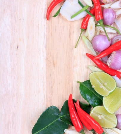Spicy Thai food ingredients chili, lime,ginger,red onion,lemongrassの写真素材
