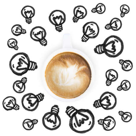 White coffee latte cup and idea bulb icon on white background