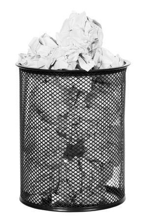 Paper in recycle bin isolated on white backgroundの写真素材