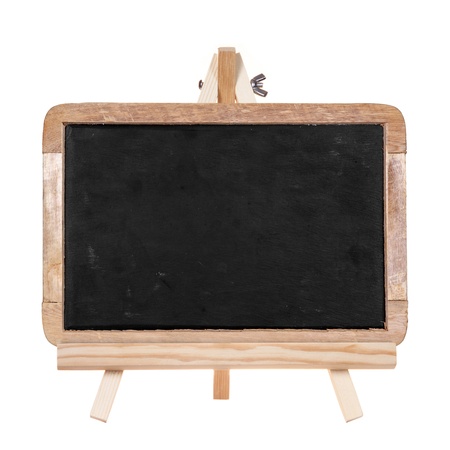 Blackboard on wooden stand isolated on white backgroundの写真素材