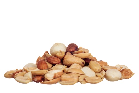 pile of macadamia, almond and cashew nuts isolated on white background の写真素材