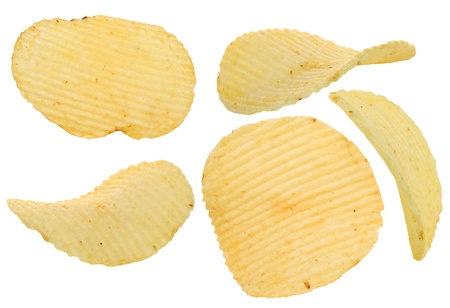 Crispy potato chip isolated on white background の写真素材