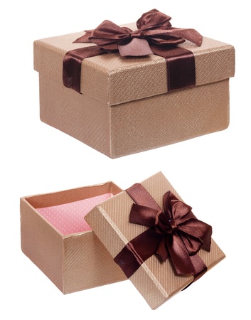 Brown gift cardboard present box isolated on white backgroundの写真素材