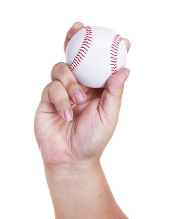 Hand throwing baseball isolated on white background の写真素材