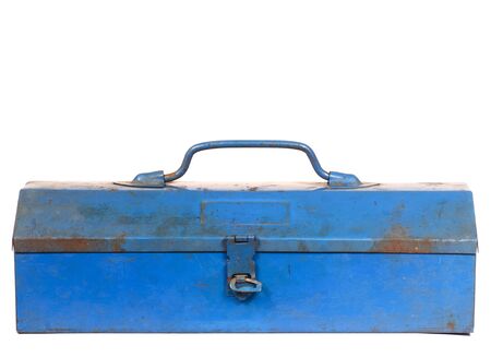 Vintage rusty blue steel tool box isolated on white backgroundの写真素材