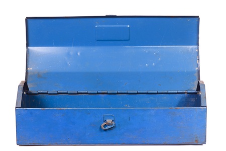 Vintage rusty blue steel tool box isolated on white backgroundの写真素材