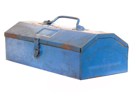 Vintage rusty blue steel tool box isolated on white backgroundの写真素材