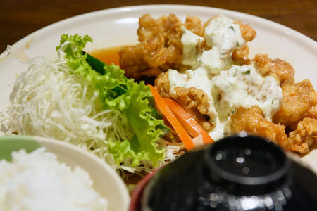 Japanese fried chicken with riceの写真素材