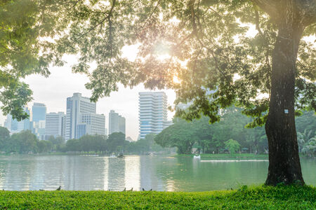 Vintage style image of urban park lake view of Bangkok city downtown business areaの写真素材