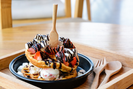 Strawberry ice cream waffle with marshmallowの写真素材
