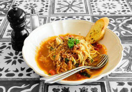 spaghetti bacon tomato sauceの写真素材