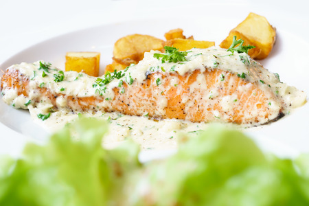 salmon steak cream sauceの写真素材