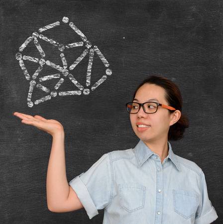 Asian woman show social network sign on chalkboardの写真素材
