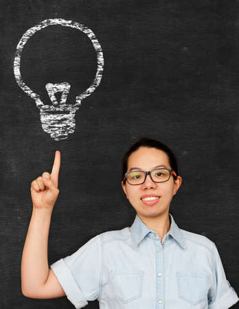 Asian woman point up idea bulb sign on chalkboardの写真素材