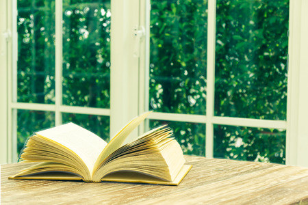 Vintage reading book near white window