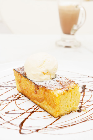 French toast with vanilla ice cream and hot mochaの写真素材