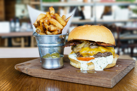 Beef cheese burger chaddar cheese tartar sauceの写真素材